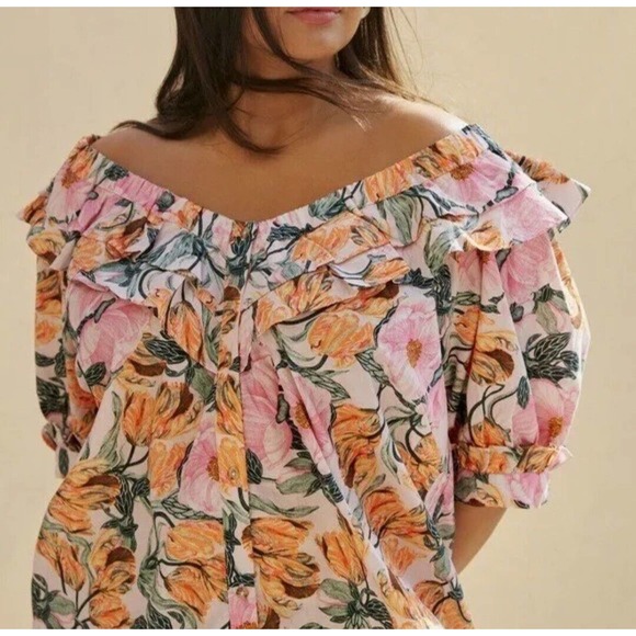 Anthropologie Ruffled Off-The-Shoulder Floral Boho Chic Blouse Women's Size S - Picture 1 of 12